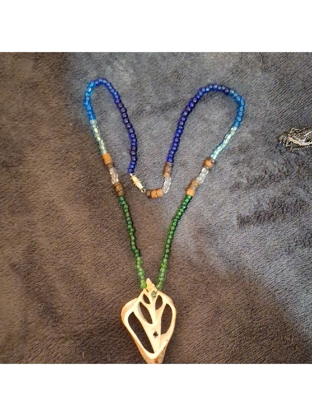 Artisan Shell and Blue and Green Glass and Wood Beaded Necklace 18"